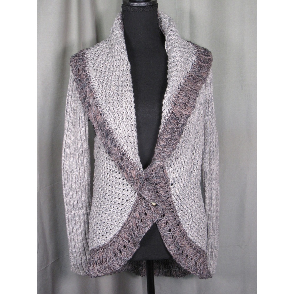 Cabi Shadow Circle Grey Chunky Crochet Knit Cotton Cardigan Sweater Womens Small